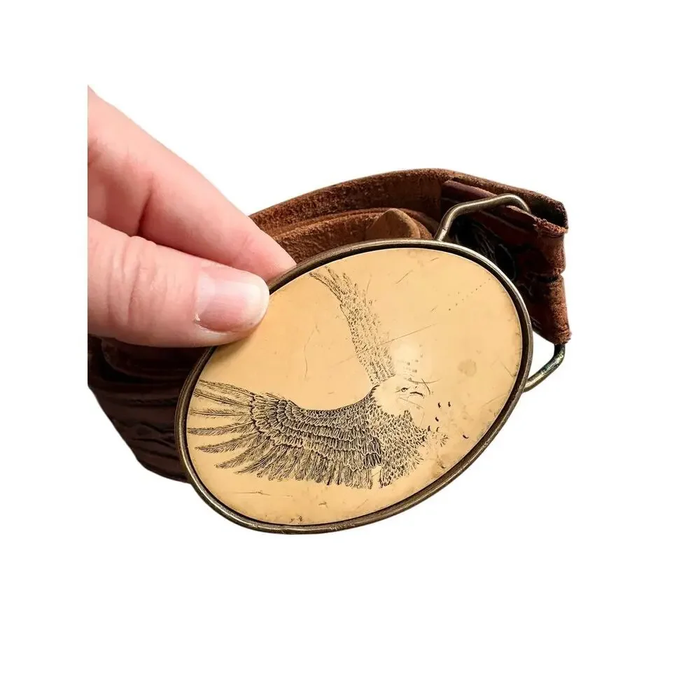 Vintage Barlow Solid Brass Eagle Belt Buckle 1983 Leather Belt Made USA RARE
